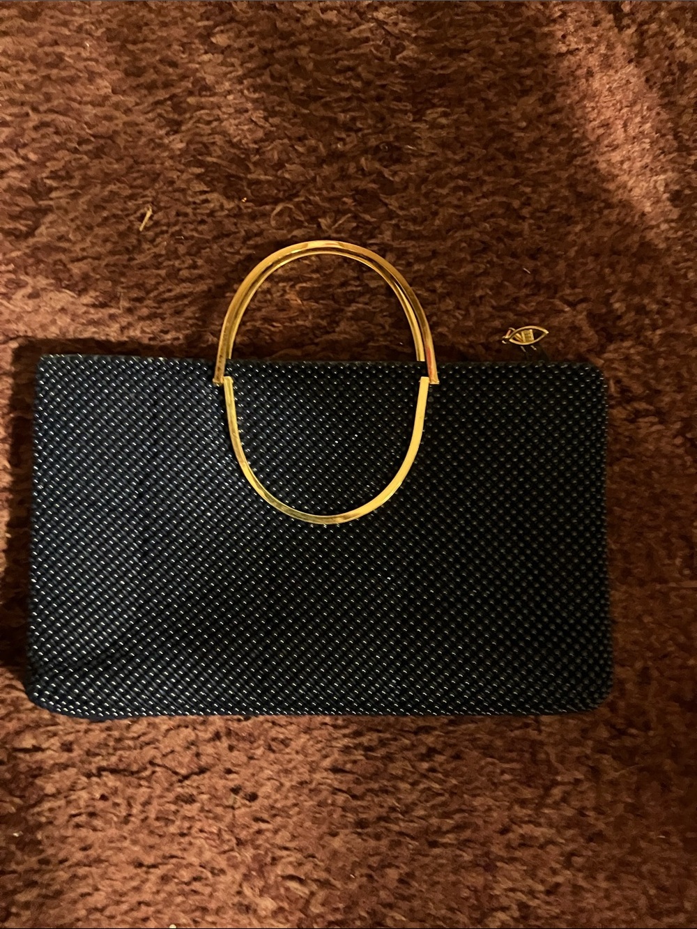 Black Beaded Handbag with Gold Hoop Handles